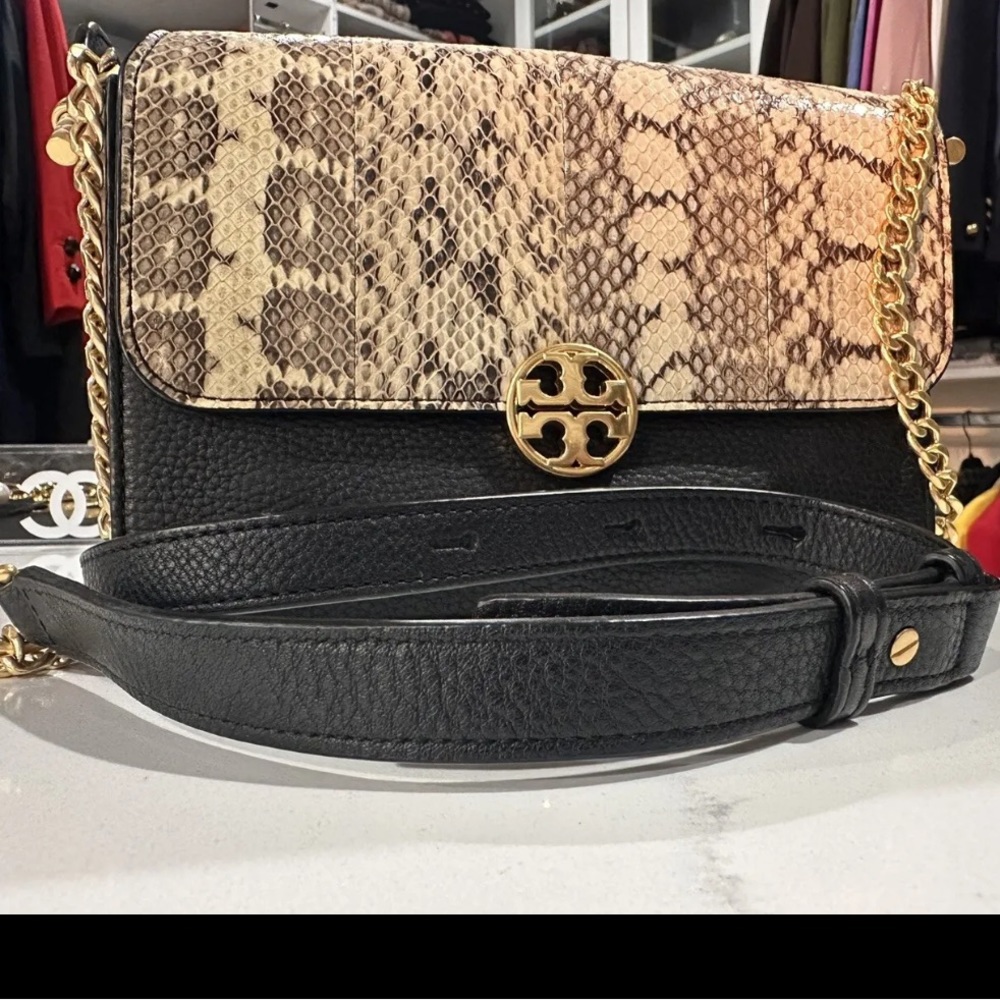 Tory Burch snakeskin & pebble caviar leather gold chain crossbody bag